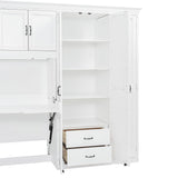 SOFTSEA Twin Size Horizontal Murphy Bed with Desk, Foldable Wall Bed Frame with 3-Door Wardrobe, Drawers & Shelves, Space-Saving Hideaway Bed for Small Space, Apartment, White SOFTSEA