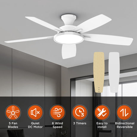 TALOYA 52 inch Ceiling Fans with Lights,Remote Control Multifunctional Quiet Fan with Three Color Temperature and Dimmable Light with Reversible Blades White TALOYA