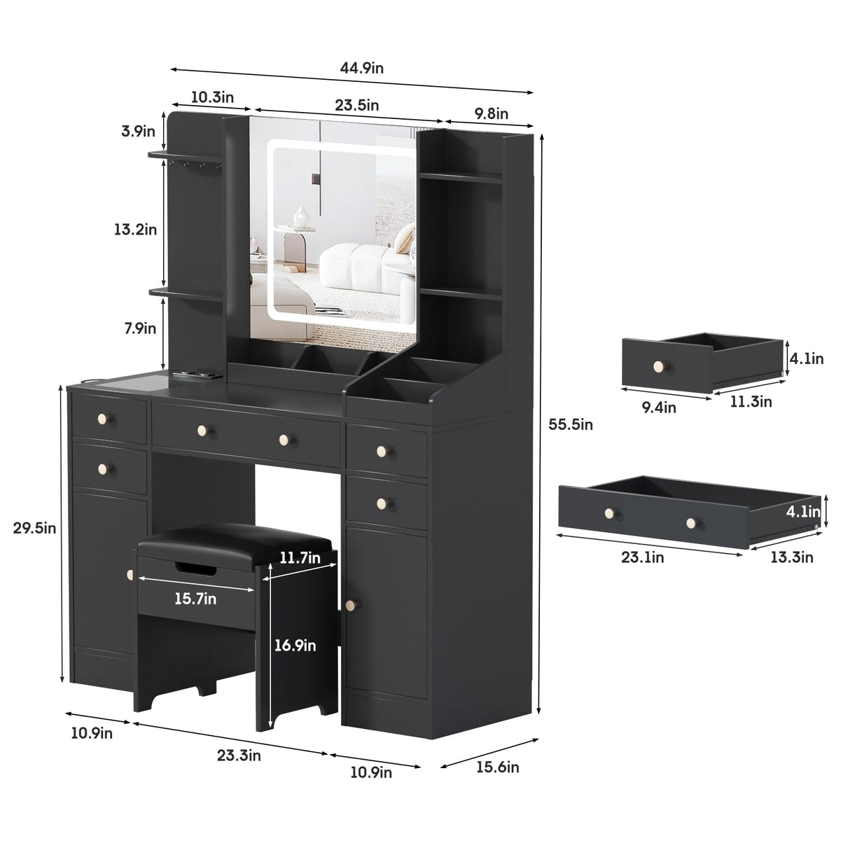 Vabches Vanity Desk with Lights, Makeup Vanity Table with Charging Station, 44.9in Big Vanity Set with 5 Drawers & Lots Storage Space, Black Vabches