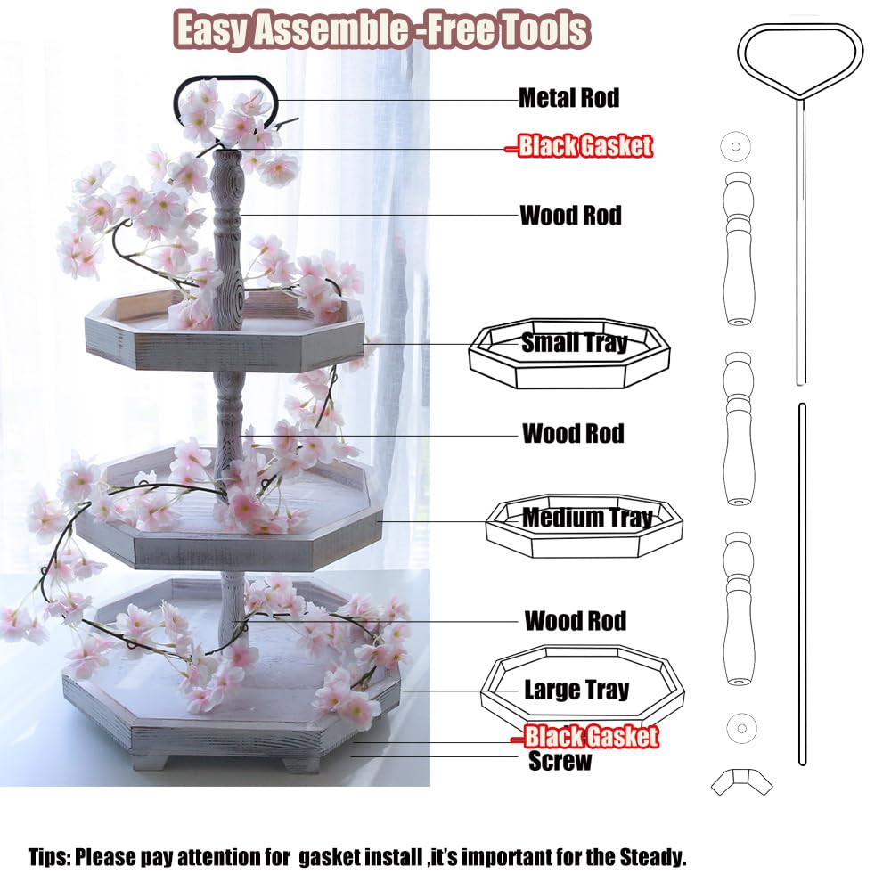 3 Tiered Tray Stand White Tier Serving Tray, Three Decorative Trays, Wooden Cupcake Stand 3 Tiered Farmhouse Tray for Home Decor(L 13.8” W 12.5” H 21.8”) MRPAPA