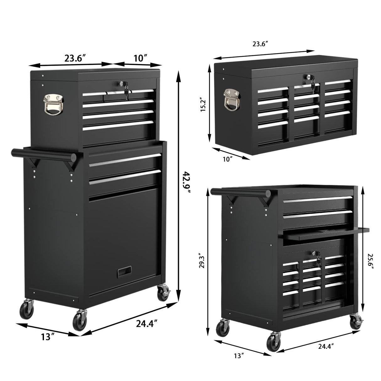 OAKANDO 8 Drawer Rolling Tool Chest, High Capacity Tool Box with Lockable Wheels and Drawers, 2 in 1 Portable Toolbox Organizer Storage Cabinet for Garage, Warehouse, Repair Shop, Black OAKANDO