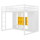 Merax Full Size Wood Loft Bed with Wardrobe & Shelves & Cabinet, Space-Saving Multi-Storage Bed Frame with Staircase, Bear 600lbs, White+Yellow Merax