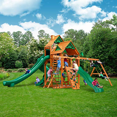 Gorilla Playsets 01-0031-AP Great Skye II Wood Swing Set with Wood Roof, 3 Slides, and Rock Wall, Brown - WoodArtSupply