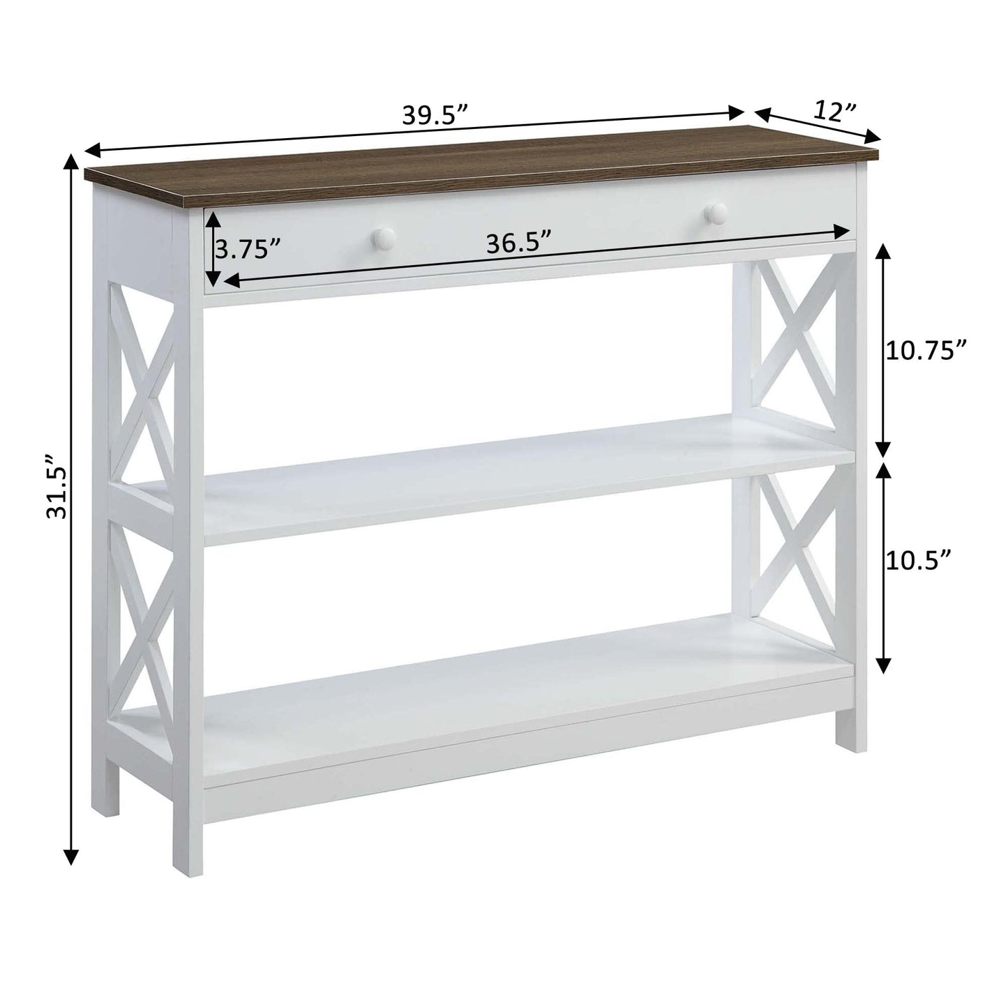 Convenience Concepts Oxford 1 Drawer Console Table with Shelves, Driftwood/White - WoodArtSupply