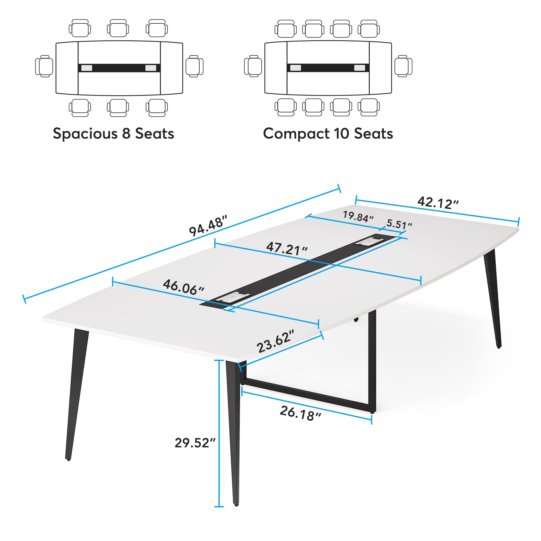 LITTLE TREE 8FT Conference Room Table, 94.48L x 47.21W x 29.52H Boat Shaped Meeting Table, White&Black - WoodArtSupply