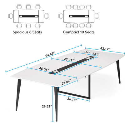 LITTLE TREE 8FT Conference Room Table, 94.48L x 47.21W x 29.52H Boat Shaped Meeting Table, White&Black - WoodArtSupply