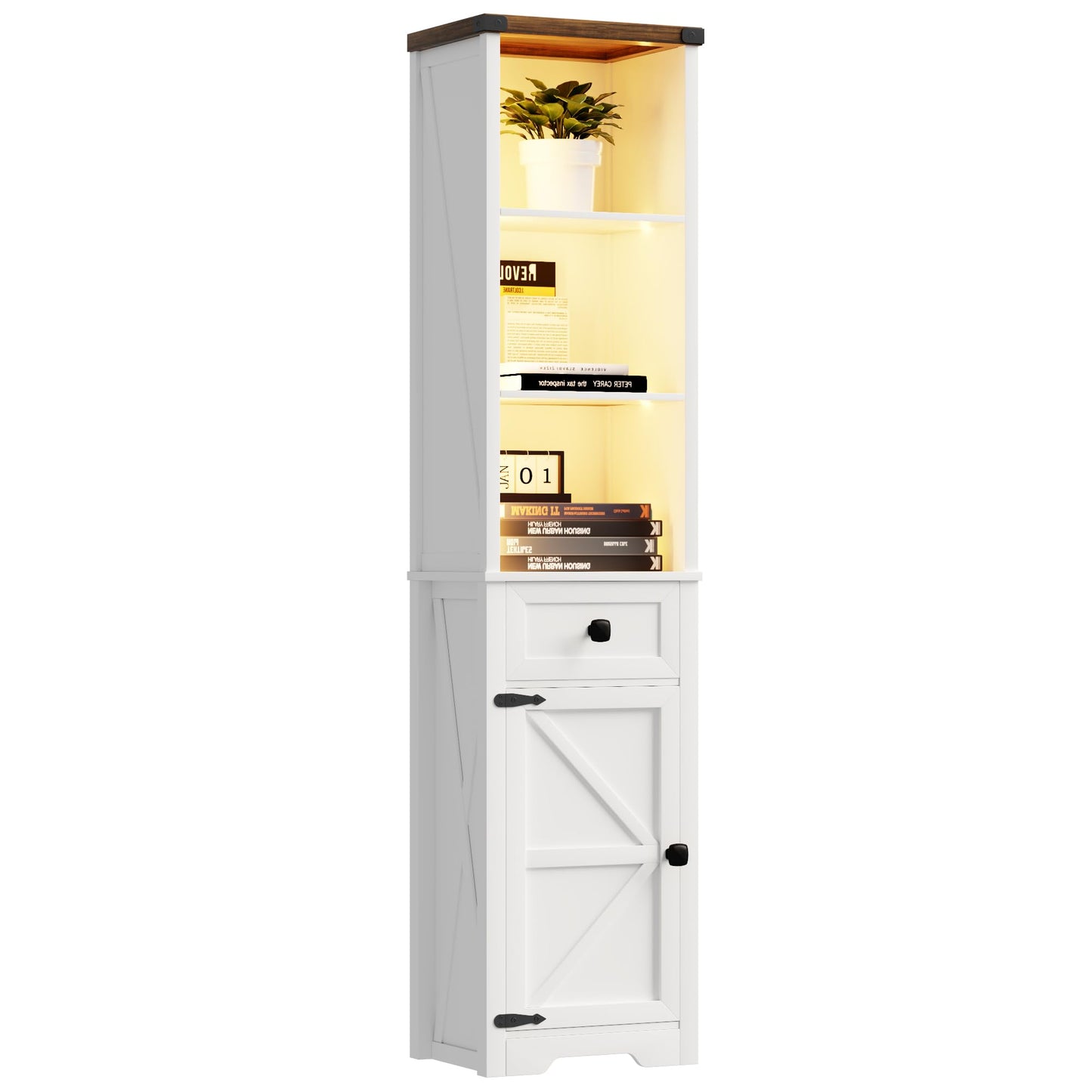 White Narrow Farmhouse Bookshelf with LED Lights, Storage Drawer, and Versatile Shelves