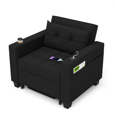 DURASPACE 39 inch Futon Chair Bed Convertible Chair 3-in-1 Pull Out Sleeper Reading Chair Beds with USB, Armchair Sleeper Bed for Living Room, Dorm, Small Space (Black Faux Leather) DURASPACE