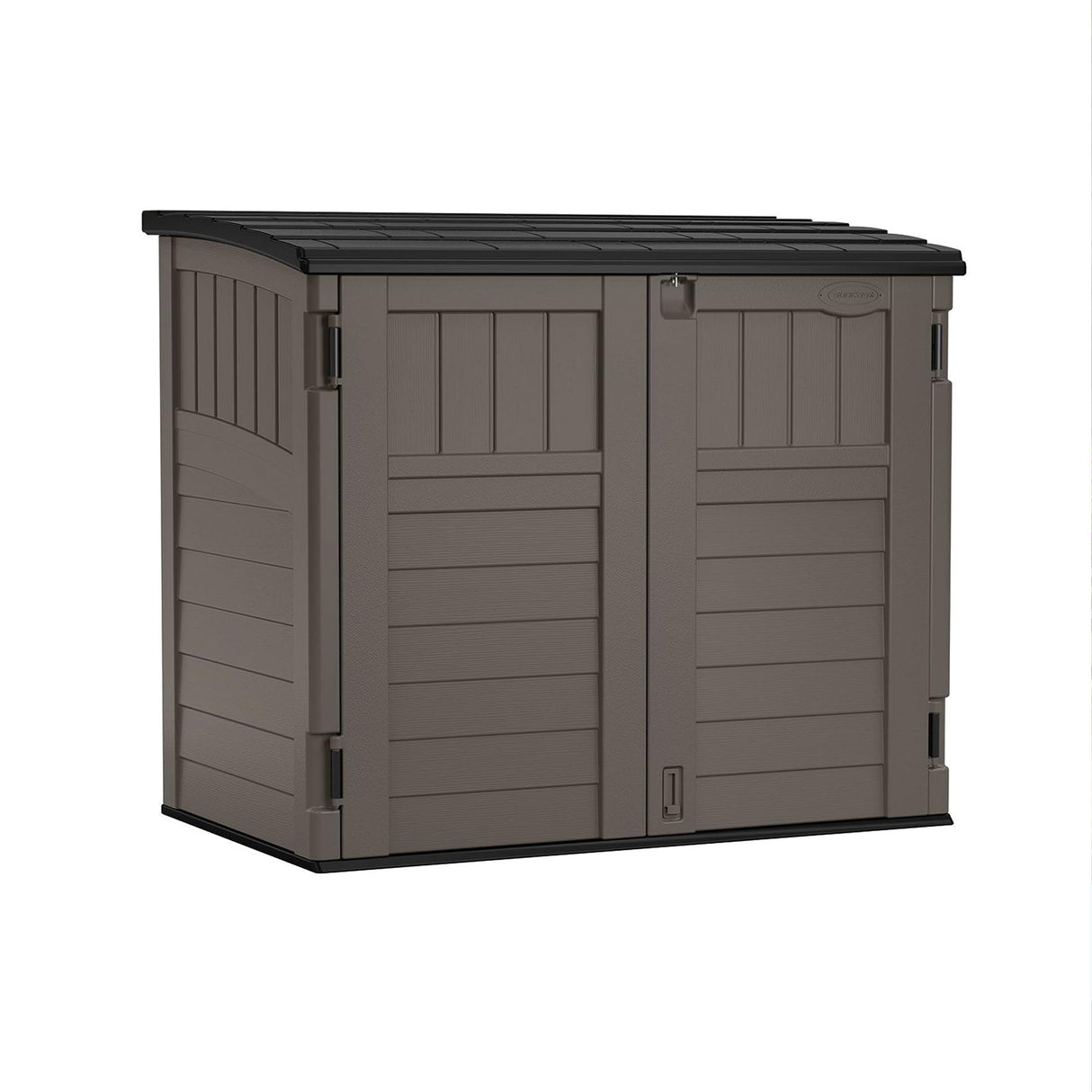 Suncast Modernist 4' x 2.5' Lockable Outdoor Garden Resin Low Profile Horizontal Storage Shed with 3 Doors, 34 Cubic Feet, Gray Suncast