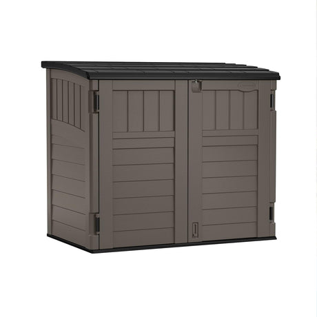 Suncast Modernist 4' x 2.5' Lockable Outdoor Garden Resin Low Profile Horizontal Storage Shed with 3 Doors, 34 Cubic Feet, Gray Suncast