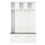 Merax 47" Farmhouse Wood Hall Tree with Bench, Entryway Coat Rack with 6 Golden Hooks& Open Shelf, Brown Wood Grain Bench with 2 Drawers, White 47.2''W*76.6''H Merax