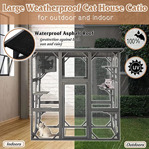 MAGIC UNION Large Fir Wooden Outdoor Indoor Catio Cat Enclosure with Weather Protection Roof with Cattery and 5 Platforms MAGIC UNION