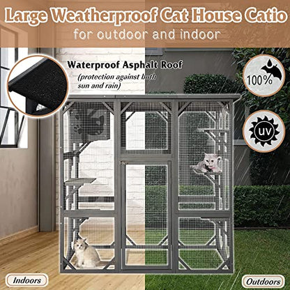 MAGIC UNION Large Fir Wooden Outdoor Indoor Catio Cat Enclosure with Weather Protection Roof with Cattery and 5 Platforms - WoodArtSupply