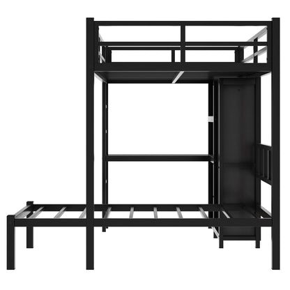 Metal Full XL Over Twin Bunk Bed, Multi-Functional Bunk Bed with Desk,Bookshelf,Storage Shelves and Wardrobe for Kids Teens Adults