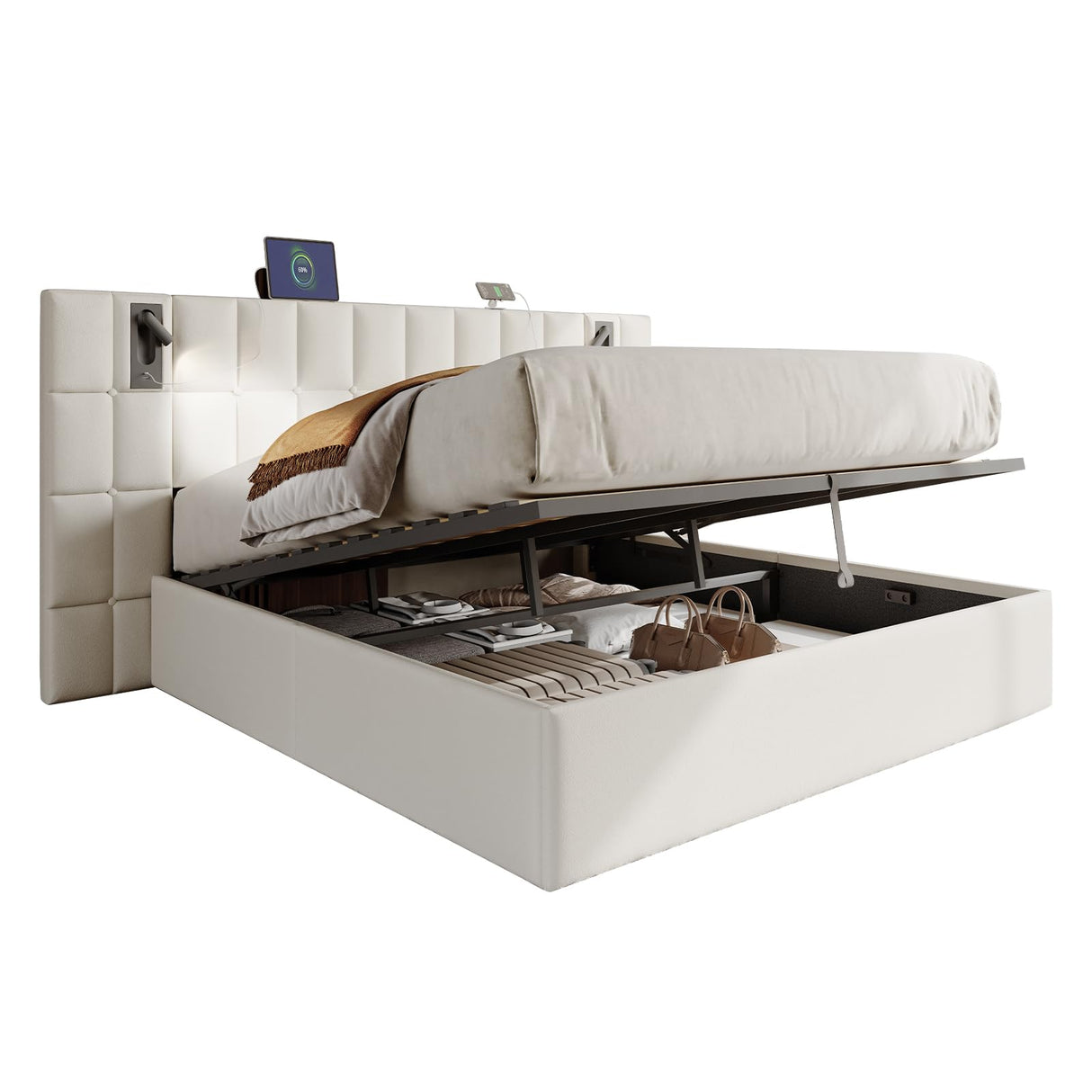 Jocisland King Size Upholstered Bed Frame with Widened Headboard,Lift-Up Storage Bed and Built-in Reading Light, Velvet Platform Frame, No Box Spring Required,Cream Jocisland