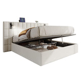 Jocisland King Size Upholstered Bed Frame with Widened Headboard,Lift-Up Storage Bed and Built-in Reading Light, Velvet Platform Frame, No Box Spring Required,Cream Jocisland
