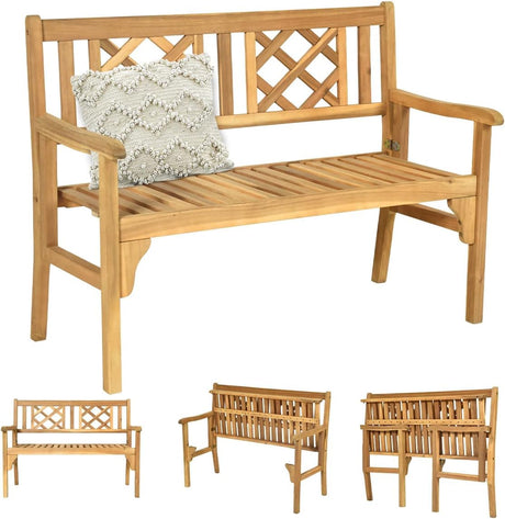 SPORFIT Rustic Garden Bench, Foldable Outdoor Bench with High Back & Armrest, 4 FT Acacia Wood Bench, 2-Person Loveseat Chair for Front Porch, Patio, Backyard & Park, Light Teak Finish SPORFIT