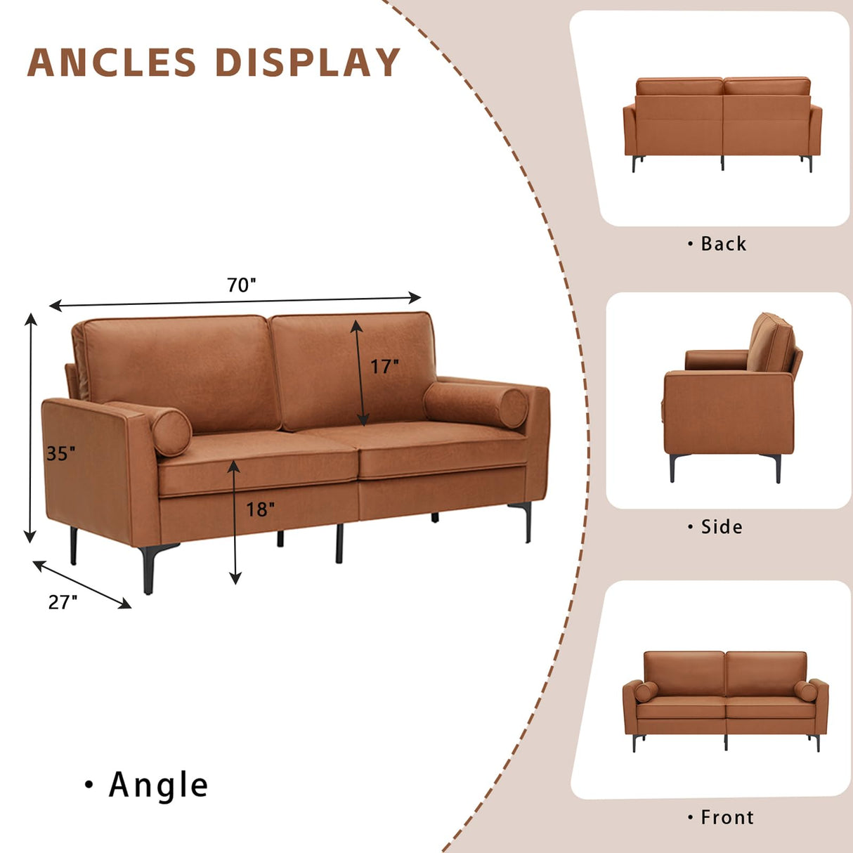 FEISHOMINOO 70" Mid-Century Modern Loveseat, 3-Seater Suede Leather Sofa Couch with Comfy Upholstered Cushions/Pillows, Deep Seat Tufted Sofas for Living Room Bedroom Apartment (Brown) FEISHOMINOO
