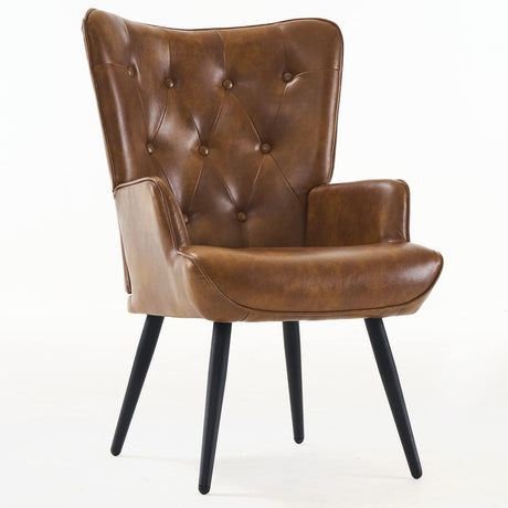 Furnimart Faux Leather Accent Chair Mid Century Modern Living Room Chairs; Comfy Armchair Leisure Vanity Guest Wingback Chair for Office Study Vanity Bedroom Waiting Room PU Yellow Brown Furnimart