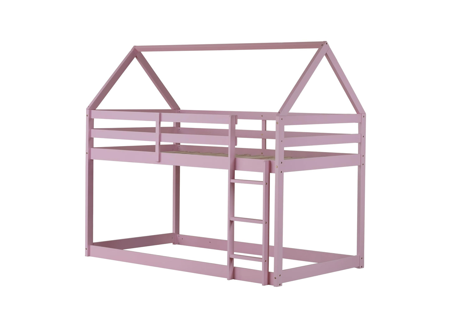 Twin Over Twin House Bunk Bed for Kids,Twin Size Low Bunk Beds with Ladder,Floor Bunk Bed Twin Over Twin,Solid Bunk Bed for Girls Boys,Pink