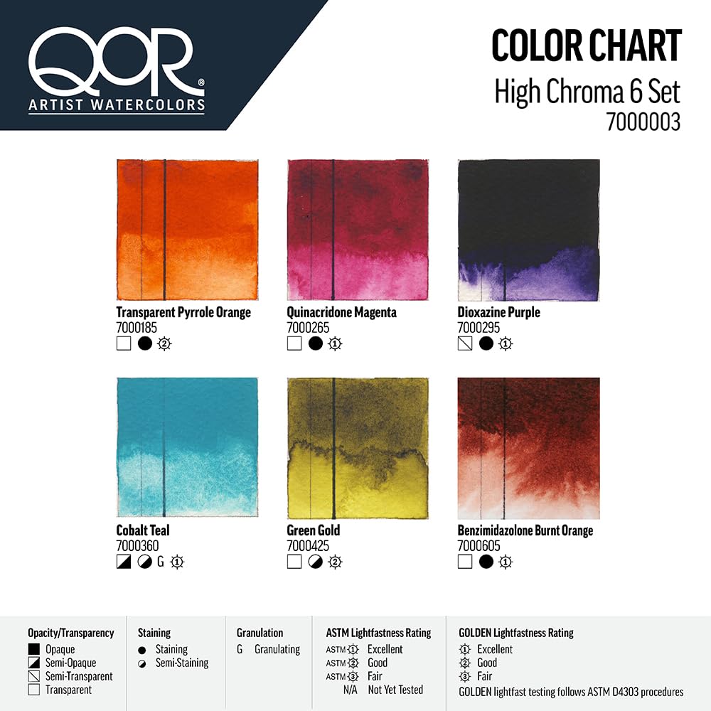 QoR High Chroma 6 Set by GOLDEN, 6 x 5 ml tubes, Professional Watercolor Paint Set Golden Artist Colors