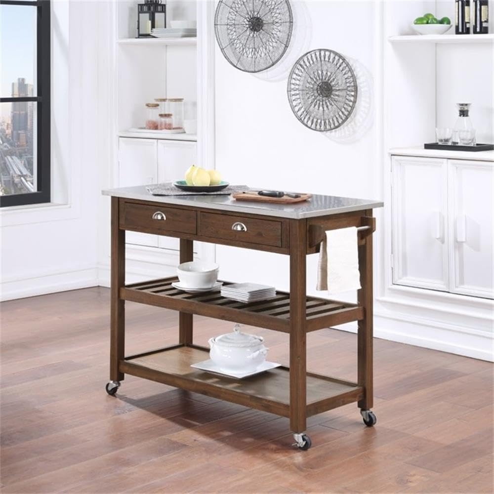 BOWERY HILL Modern Wood/Stainless Steel Kitchen Cart in Chestnut Wire-Brush BOWERY HILL