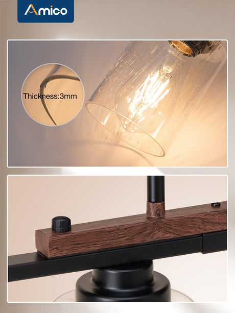 Amico Dining Room Light Fixture 4-Light Kitchen Island Lighting with Adjustable Rods, Farmhouse Decor Black Metal & Wood Chandelier with Seeded Glass Shade, Island Lights for Kitchen Amico