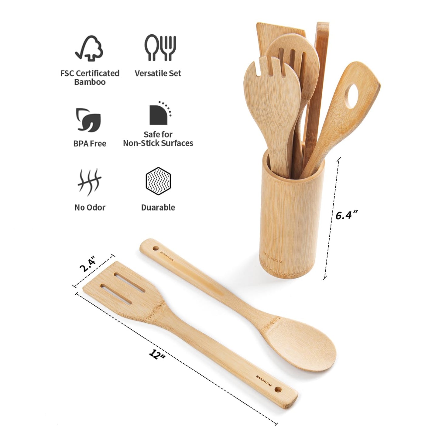 Naturoom Kitchen Utensils Set of 8 PCS, 12Inches Bamboo Wooden Cooking Spoon & Spatula Tools Perfect for Non-Stick Cookware (Bamboo 12inches)