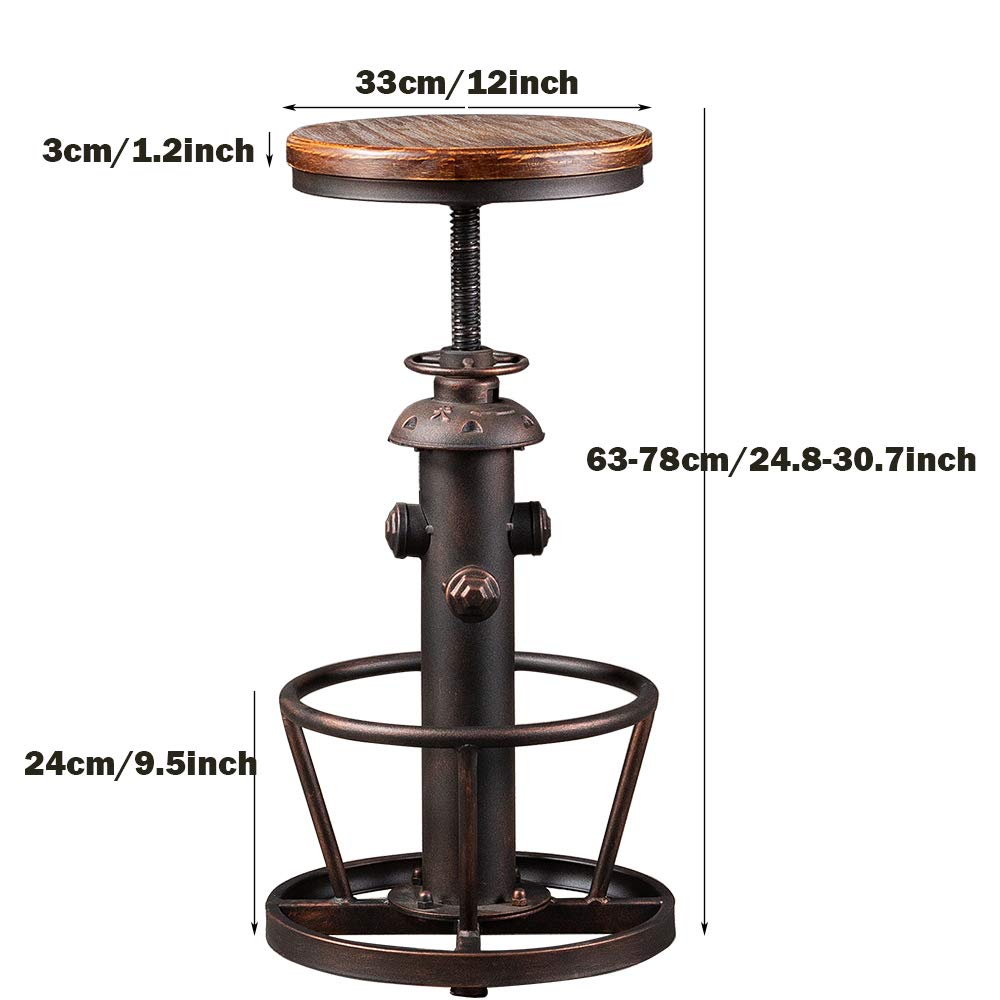 BOKKOLIK Vintage Swivel Bar Stool Industrial Coffee Kitchen Dining Chair Fire Hydrant Design Height Adjustable 24.8-30.7inch Solid Wooden Seat BOKKOLIK