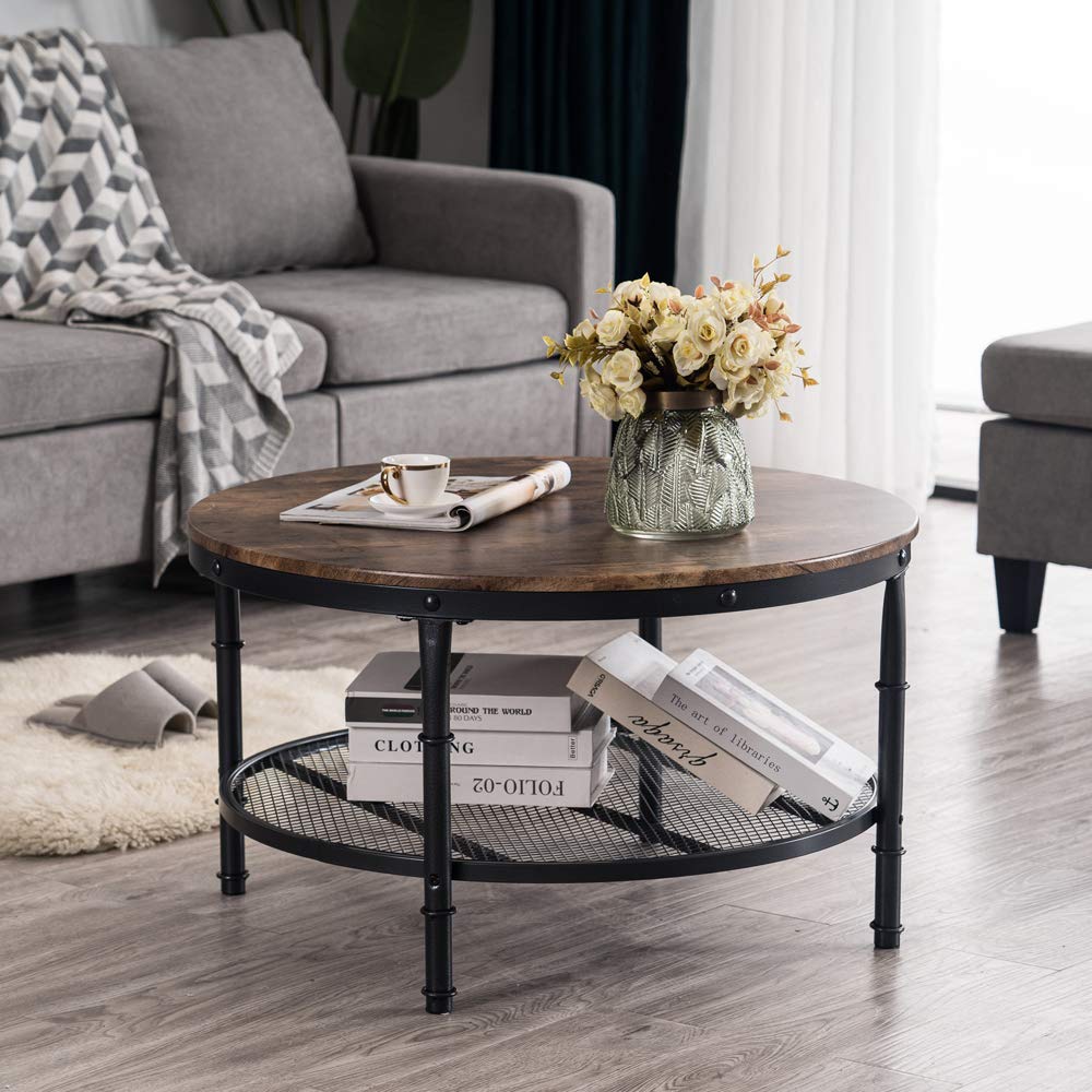 VINGLI Round Coffee Table with Storage - 31.5" Rustic Farmhouse Design, Industrial Style with Metal Shelf VINGLI