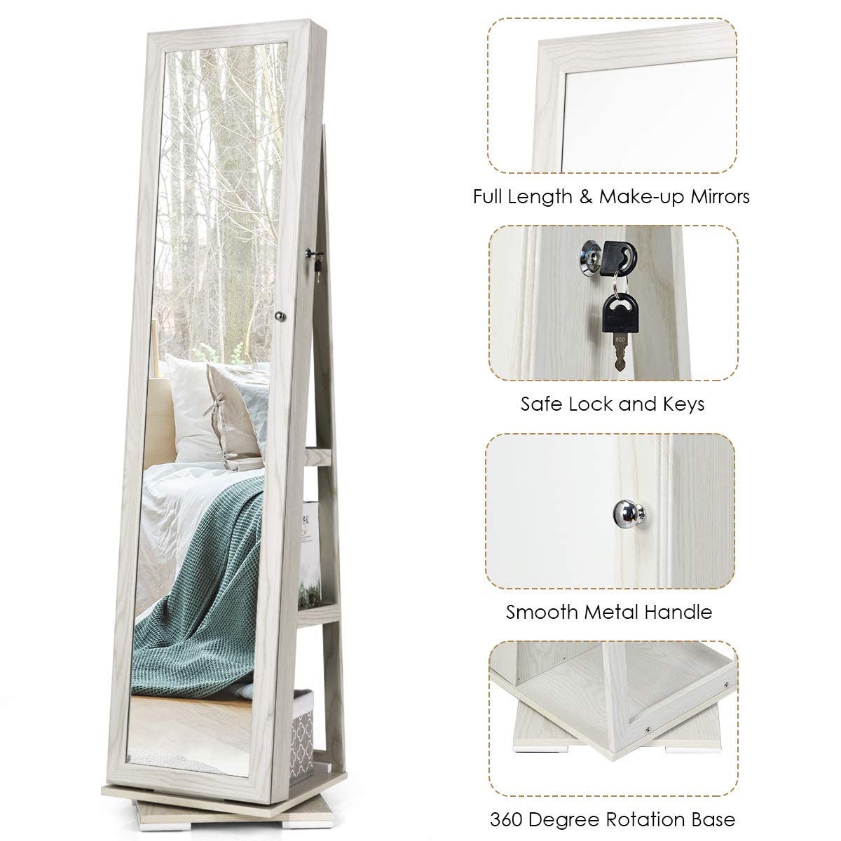 CHARMAID 360° Swivel Jewelry Armoire with Higher Full Length Mirror & Inside Makeup Mirror, Standing Lockable Jewelry Cabinet Organizer, Large Capacity, Back Storage Shelves (Grayish White) CHARMAID