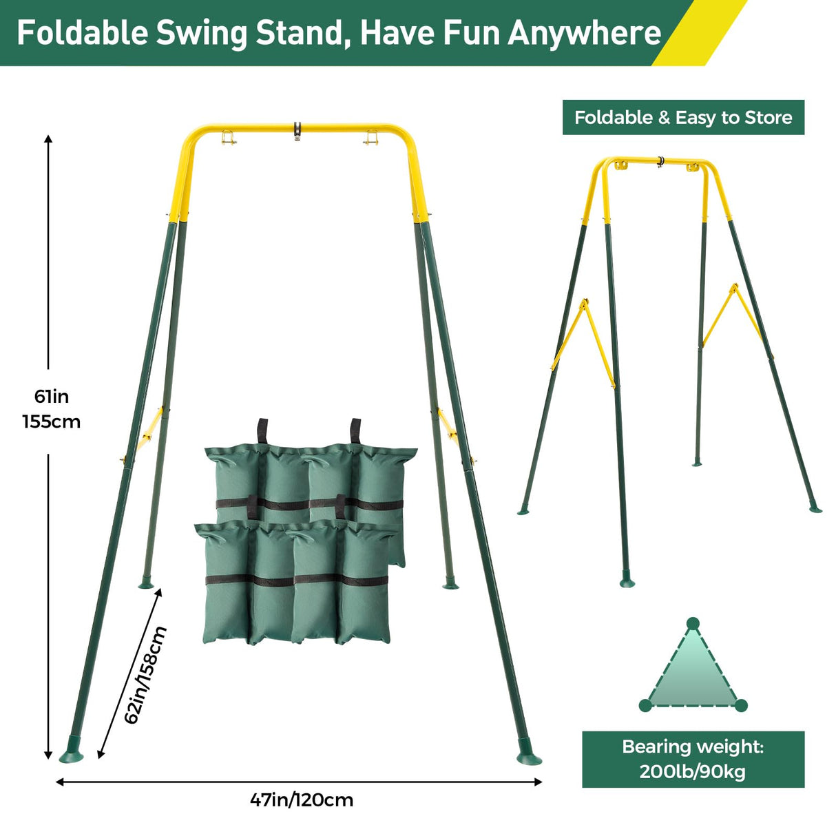 FUNLIO Foldable Swing Stand for Kids with 4 Sandbags, Heavy Duty Metal A-Frame Indoor/Outdoor for Backyard, Suitable Most Toddler/Baby Jumper/Hammock Chair - Green FUNLIO