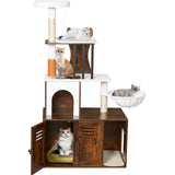 Snughome Cat Tree with Litter Box Enclosure Furniture, 2-in-1 Modern Cat Tower, 58.66’’ Wood Cat Condo with Scratching Post and Hammock, Pet Furniture with Large Platform, Rustic Brown Snughome