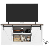 HOMCOM TV Stand Cabinet for TVs up to 65 Inch, Entertainment Center with Charging Station, 59" Farmhouse Media TV Console Table with Sliding Barn Doors, Adjustable Shelves, White HOMCOM