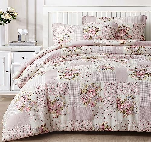 Chezmoi Collection Rosy 3-Piece Full Size Washed Cotton Comforter Set - Floral Bedding Set Ivory Green Pink Flower Polka Dot Printed Patchwork Reversible Lightweight Comforter for All Season Chezmoi Collection