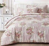 Chezmoi Collection Rosy 3-Piece Full Size Washed Cotton Comforter Set - Floral Bedding Set Ivory Green Pink Flower Polka Dot Printed Patchwork Reversible Lightweight Comforter for All Season Chezmoi Collection