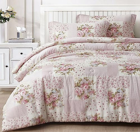 Chezmoi Collection Rosy 3-Piece Full Size Washed Cotton Comforter Set - Floral Bedding Set Ivory Green Pink Flower Polka Dot Printed Patchwork Reversible Lightweight Comforter for All Season Chezmoi Collection