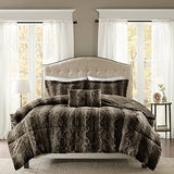Madison Park Zuri Soft Plush Comforter Set, Faux Fur Animal Stripes Design, Faux Mink On The Reverse, Modern All Season Bedding Set with Matching Sham, Full/Queen, Chocolate Madison Park