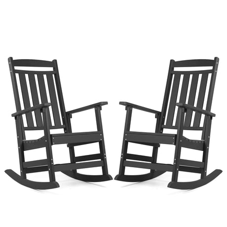 FOOWIN Patio Rocking Chairs,HDPE High Back Porch Rocker,All Weather Resistant Poly Lumber Outdoor Porch Rocker, Rocking Chairs for Outdoor, Indoor, Patio, Deck, Garden (Set of 2, Black) FOOWIN