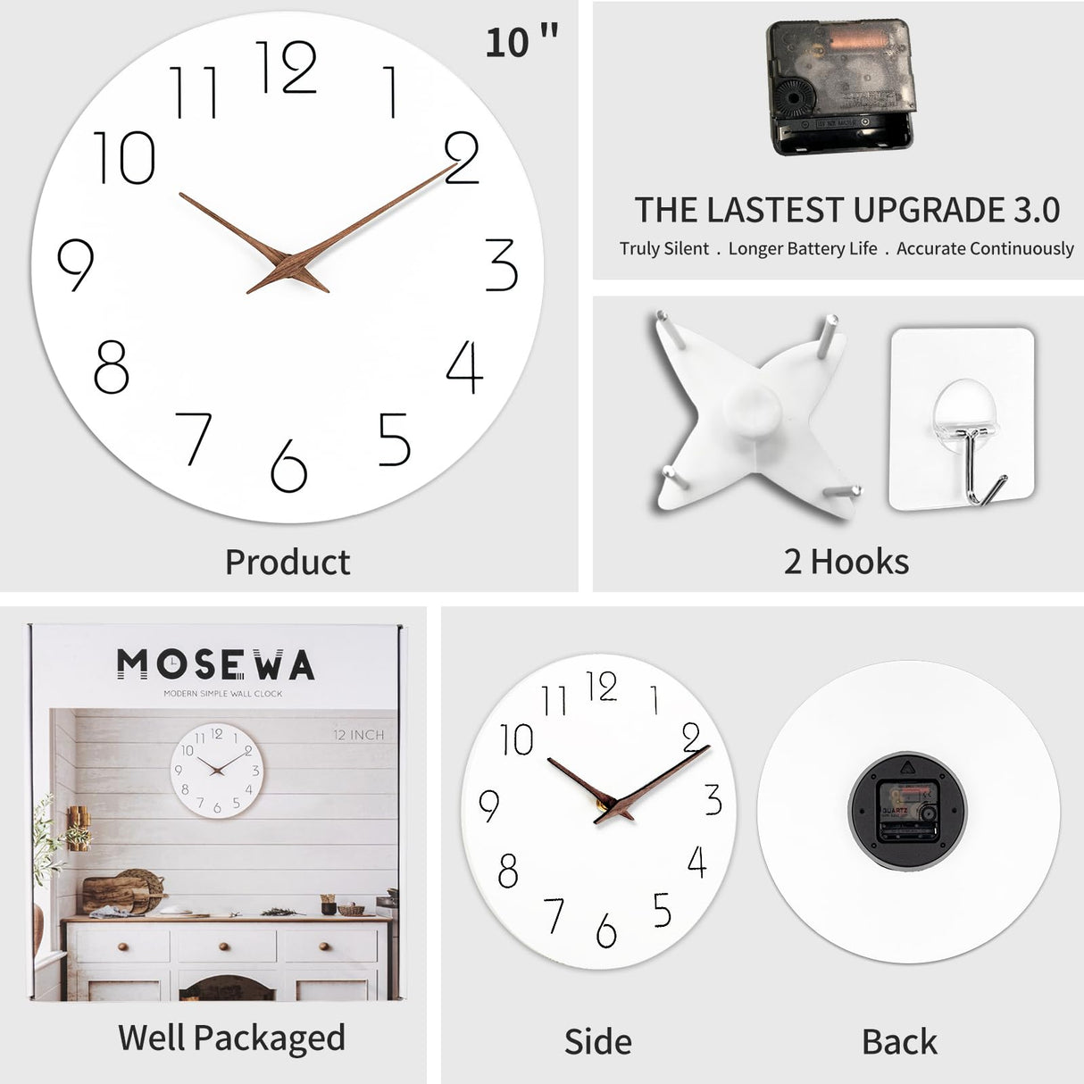 Mosewa Wall Clock 10 Inch Silent Non Ticking Wood Wall Clocks Battery Operated - Wooden White Modern Office Simple Minimalist Clock Decorative for Kitchen,Home,Bathroom,Living Room(10" White) Mosewa