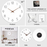 Mosewa Wall Clock 10 Inch Silent Non Ticking Wood Wall Clocks Battery Operated - Wooden White Modern Office Simple Minimalist Clock Decorative for Kitchen,Home,Bathroom,Living Room(10" White) Mosewa