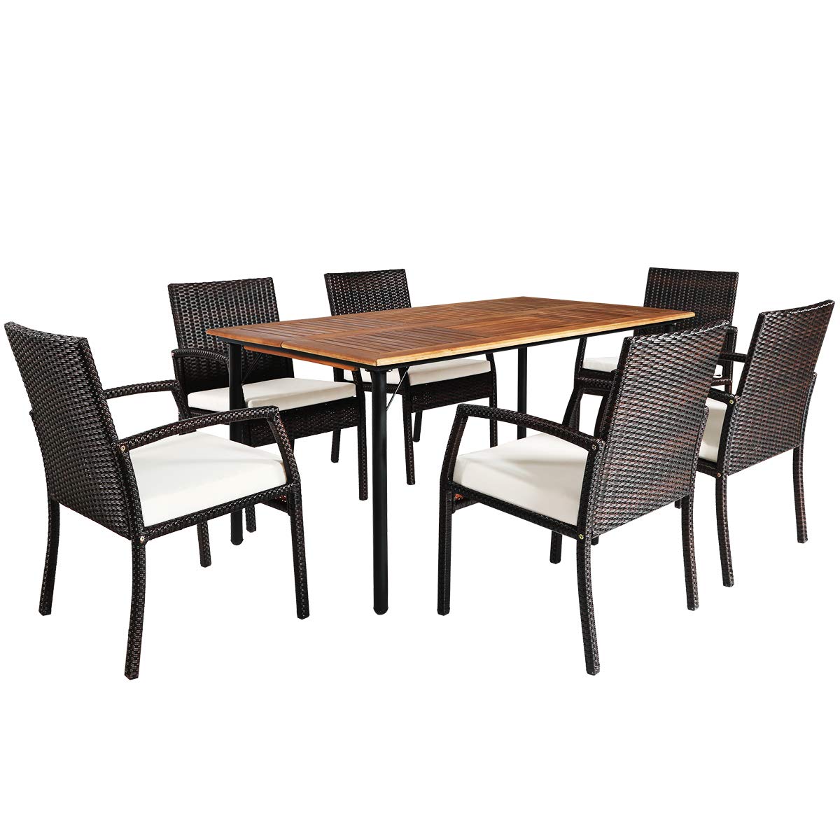 Tangkula 7 Pieces Patio Dining Set, Acacia Wood Wicker Dining Furniture Set with Sturdy Steel Frame & Umbrella Hole, Outdoor Dining Table Chair Set with Removable Cushions for Backyard, Garden Tangkula