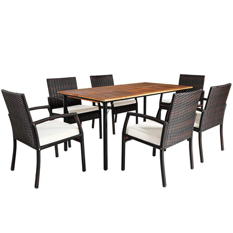 Tangkula 7 Pieces Patio Dining Set, Acacia Wood Wicker Dining Furniture Set with Sturdy Steel Frame & Umbrella Hole, Outdoor Dining Table Chair Set with Removable Cushions for Backyard, Garden Tangkula