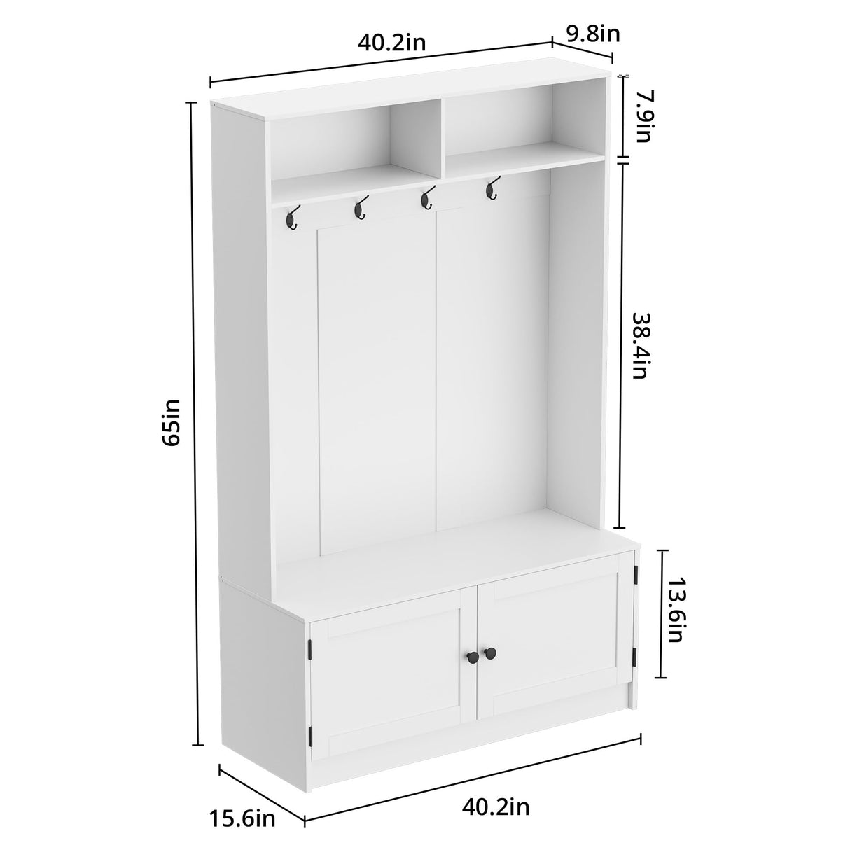 MHOM White Hall Tree with Storage Bench, 65" Tall Entryway Bench with Shoe Storage, Coat Rack and Top Shelf, Freestanding Wooden Hall Tree with Bench for Entryway, and Hallway MHOM