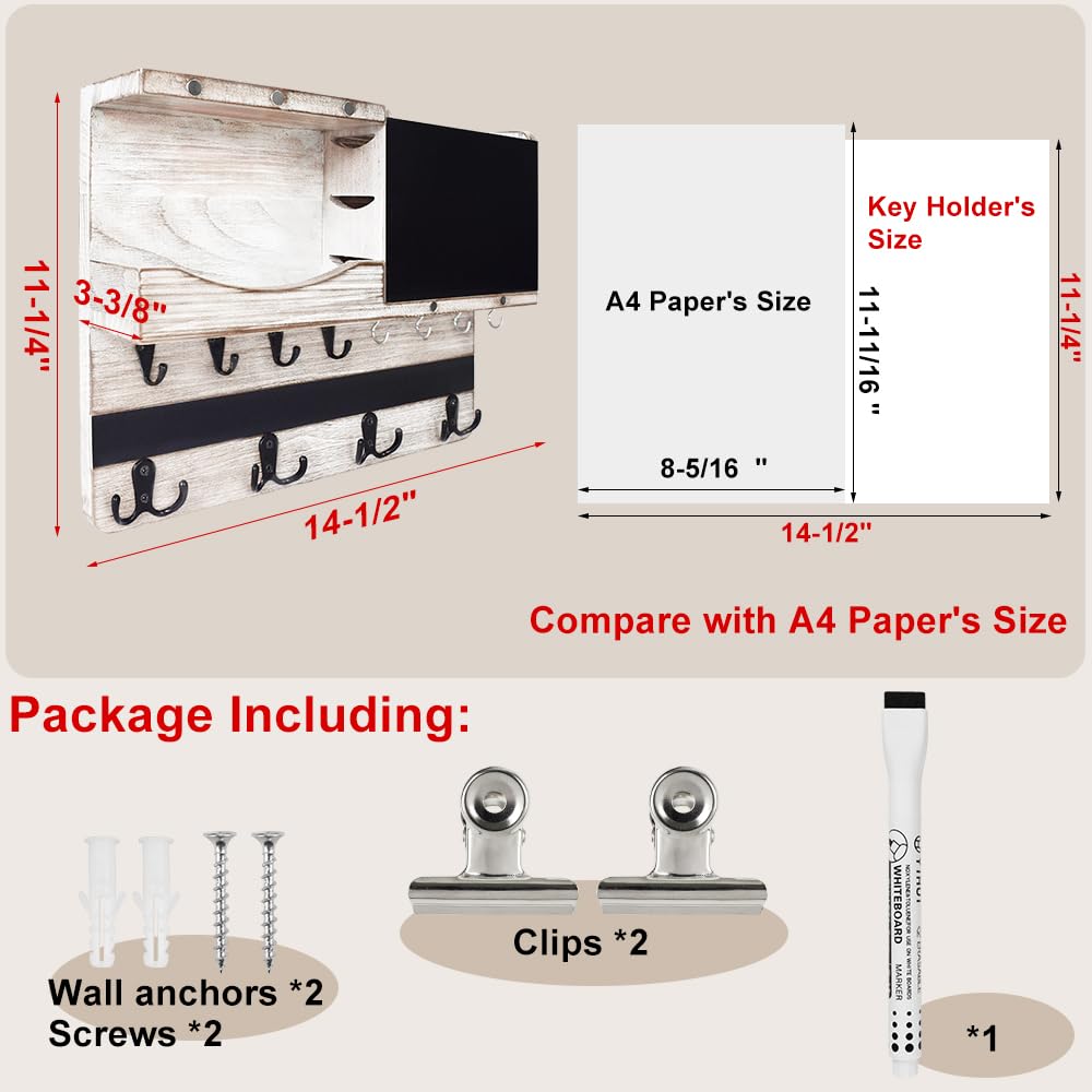 Farmhouse Key and Mail Holder for Wall Decorative, Rustic Mail and Key Organizer for Wall with Different Hooks, Chalkboard, Key Holder Wall Mount with Shelf, Basket, Clips(Pine Wood, White Washed) HEKOOLA