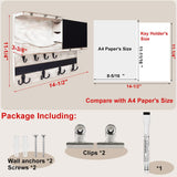 Farmhouse Key and Mail Holder for Wall Decorative, Rustic Mail and Key Organizer for Wall with Different Hooks, Chalkboard, Key Holder Wall Mount with Shelf, Basket, Clips(Pine Wood, White Washed) HEKOOLA