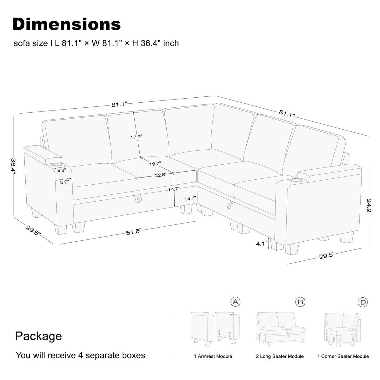 Belffin Fabric L Shaped Sectional Couch with Storage, Small Modular Sectional Corner Sofa with Chaise, Armrest with Cup Holder. Beige Couch. Belffin