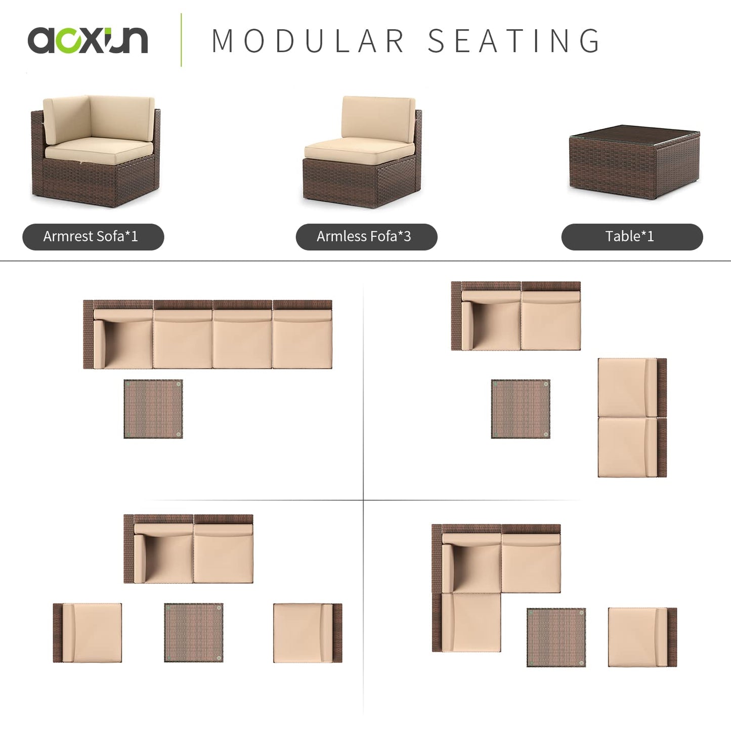 Aoxun 5-Piece Patio Furniture Set Wicker Rattan Conversation Set Outdoor Sectional Sofa Removable Cushions and Tempered Glass Coffee Table Suitable for Small Size (Brown) - WoodArtSupply