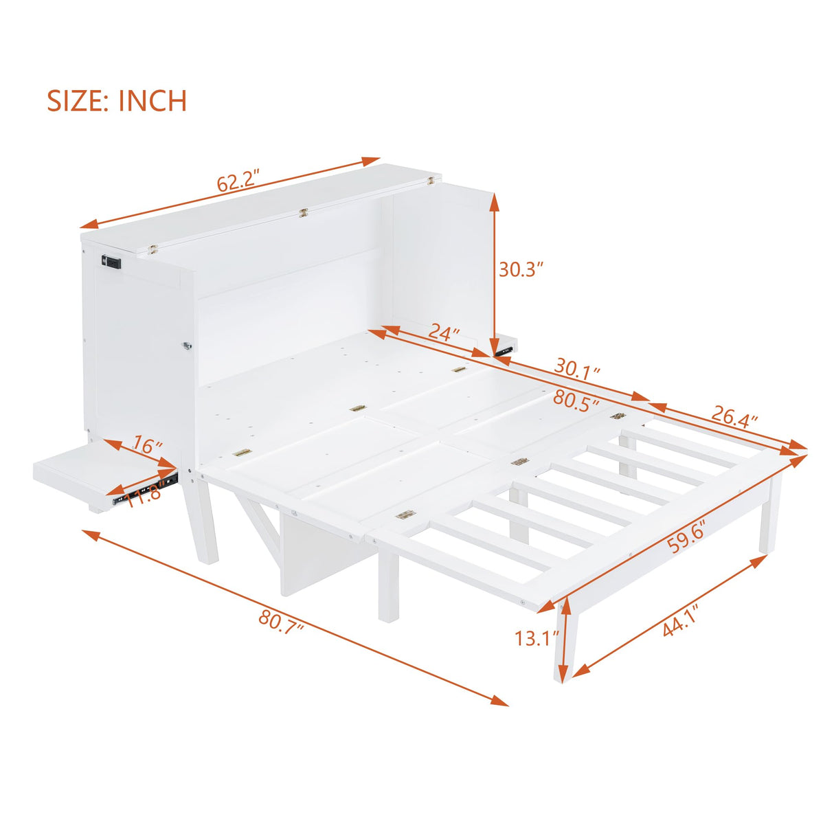Ball & Cast Queen Size Murphy Bed Chest,Cabinet Hideaway Bed with USB Port and Removable Shelves on Each Side,Wood Wall can be Folded,Platform Bedframe for Kids Bedroom,Student Dorms,White Ball & Cast
