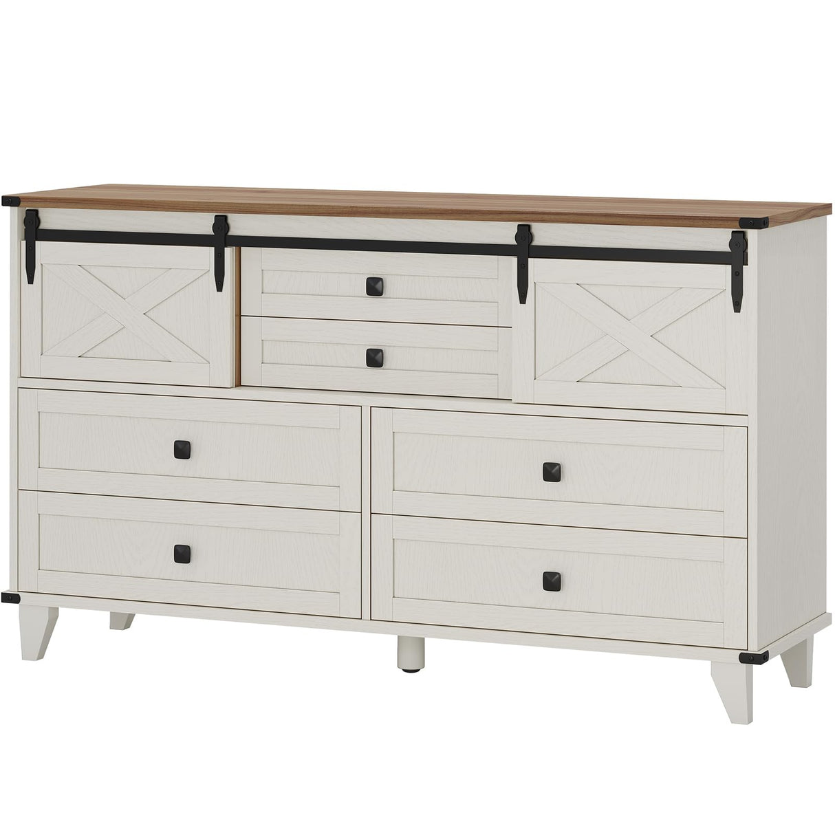 Hasuit Farmhouse 6 Drawers Dresser for Bedroom, Retro Chest of Drawers with Sliding Barn Door, Bedroom Long Storage Dressers Organizer, White Hasuit